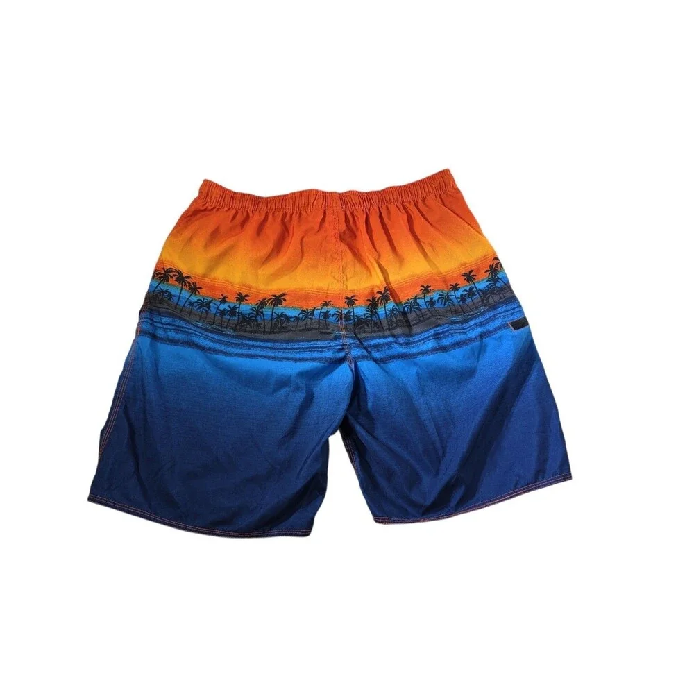 Burnside Mens 2XL Board Shorts Hawaiian Sunset Palm Tree Print Zip Pocket Blue